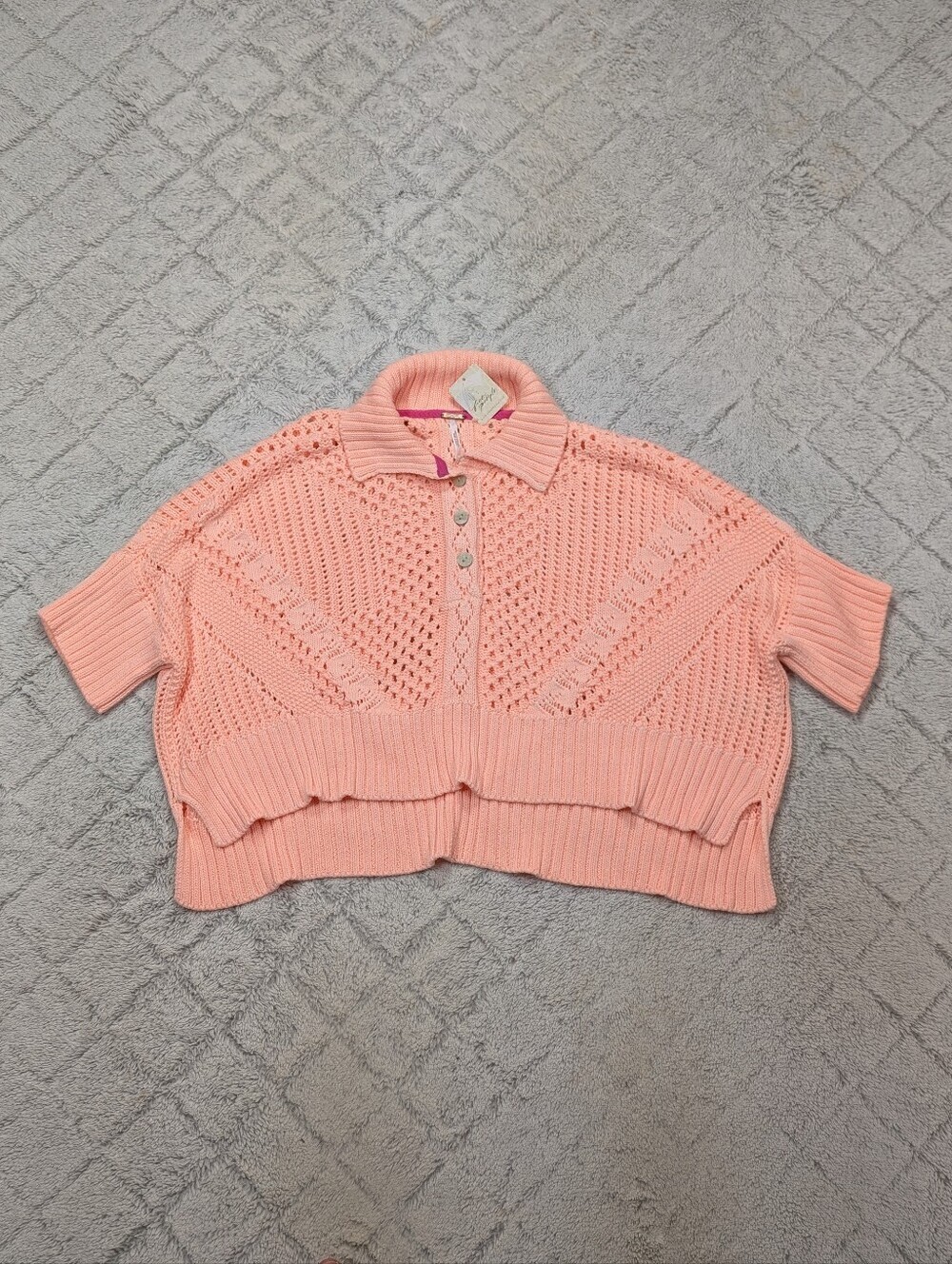 Free People Sweater Womens S Pink Coral To The Point Open Stitch Polo Cotton Box